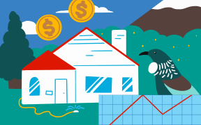 Stylised illustration of a house, increasing line chart, tui, mountain, and gold coins