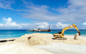 Tuvalu's Queen Elizabeth II Park under construction in 2016 on Funafuti, where half the population lives. It was created from the rocky foreshore.