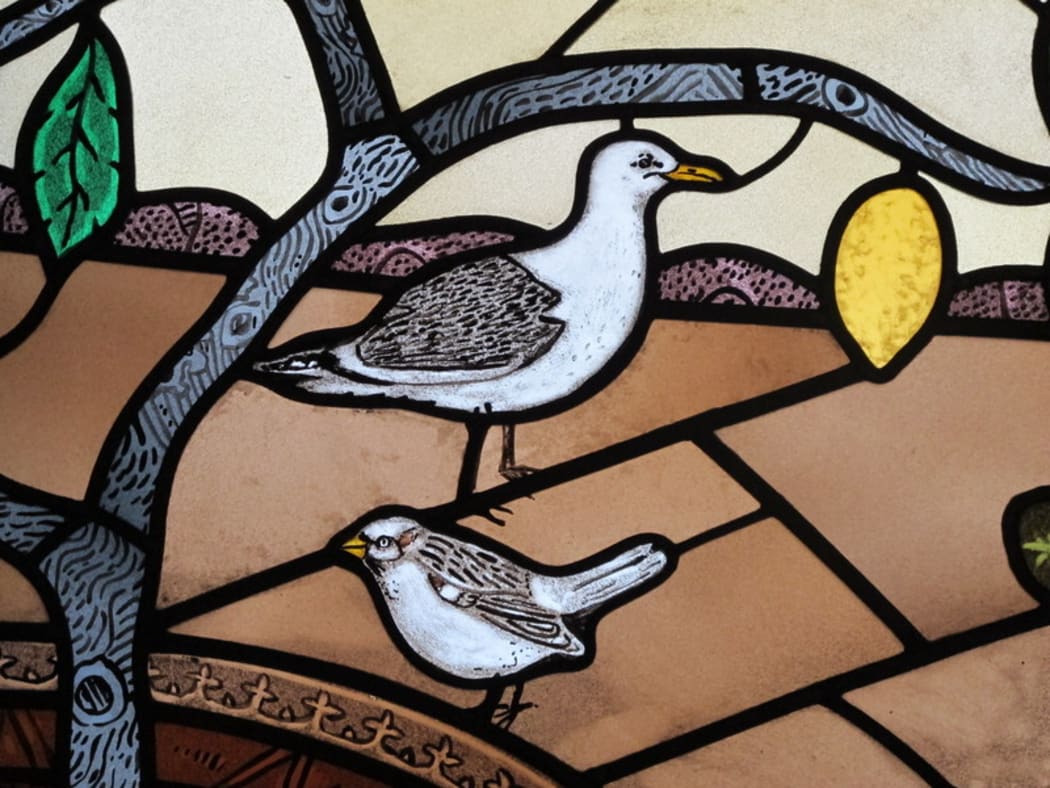 Detail of stained glass designed by Nigel Brown. Holy Trinity Cathedral Auckland.