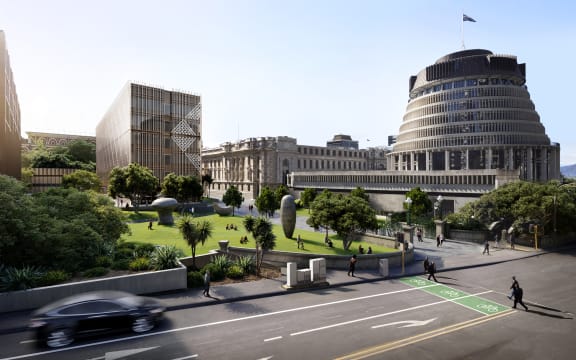 Render of the new Parliament building currently under construction, a six-storey building for MPs on the left.