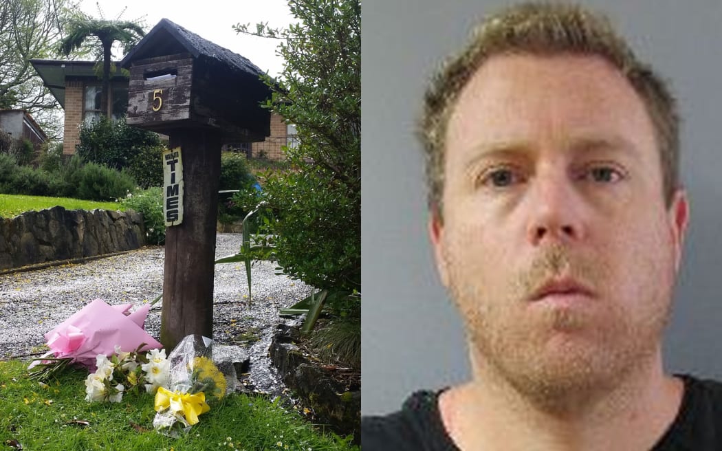 Ross Bremner, right, and flowers place next to his and his parents' home in Otorohanga.