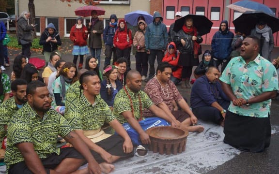 Pacific island climate change campaigners  hold a traditional Fijian sevusevu and offer tapa to a community impacted by a massive coal mine in Germany.