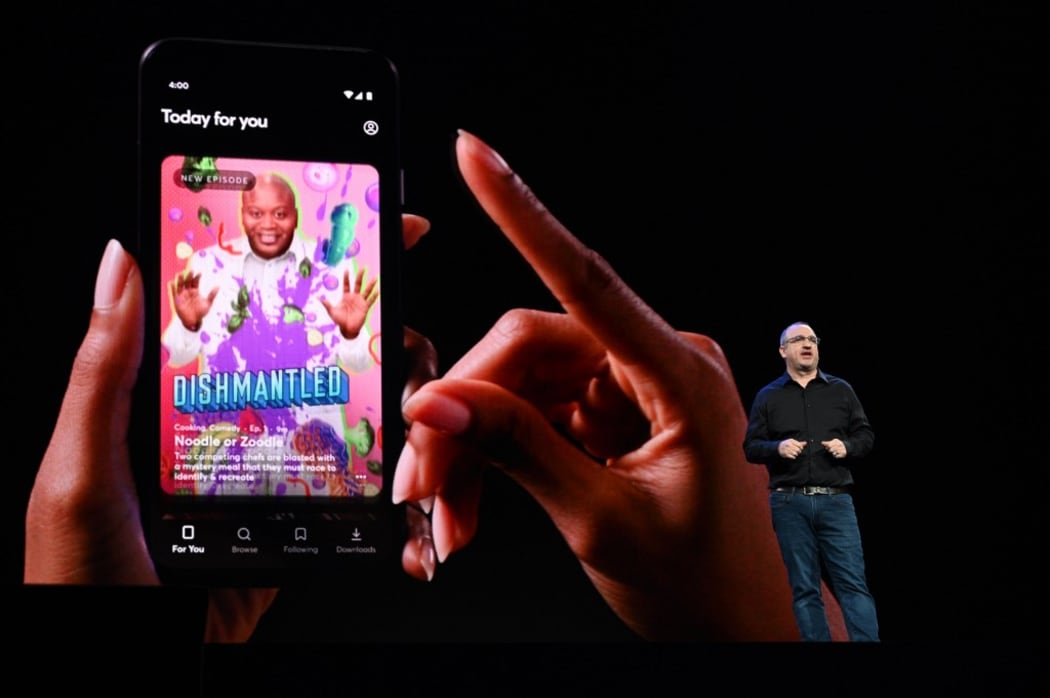 Rob Post, Quibi chief technology officer, talks about Quibi's "Turnstyle" technology for short-form video streaming for mobile devices at the Quibi keynote address January 8, 2020.