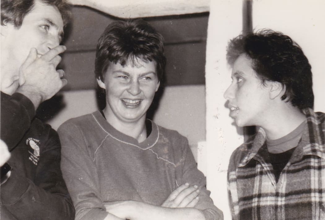 Recording demos for the 'Out of the Corners' compilation at The Lab studio, Auckland, 1982. From left: engineer Bill Latimer, Lynda Topp, and Mahinaarangi Tocker