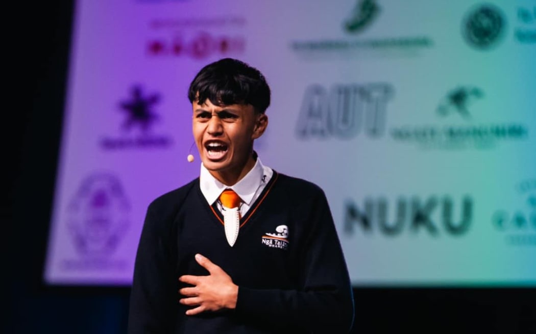 Te Kanawa Wilson during his winning speech in the Senior Māori category at Ngā Manu Kōrero 2024 in Tāmaki Makaurau.