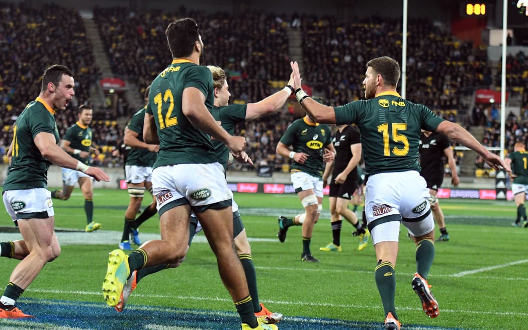 Springboks celebrate scoring a try on their way to beating the All Blacks in Wellington in 2018.