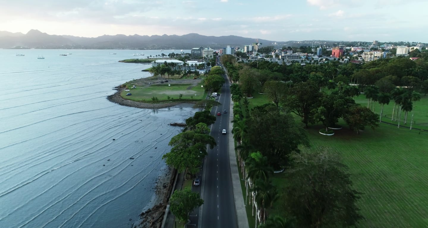 Aerial shot of Suva city and harbour today