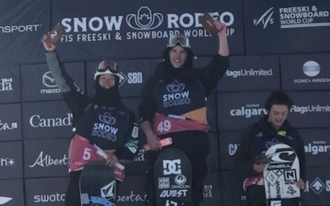 Tiarn Collins on the podium after his win in Calgary.