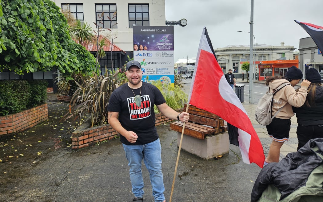 Aaron Karena at the hīkoi mo te Tiriti event in Dannevirke.