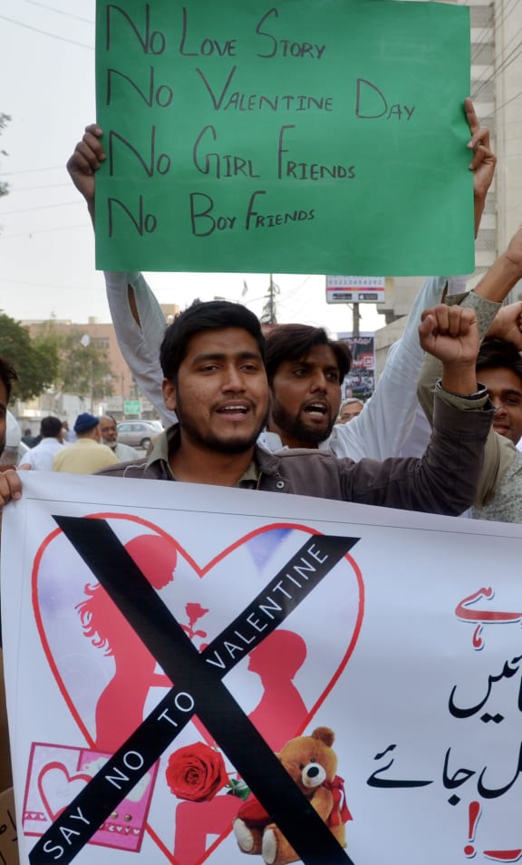 Pakistani demonstrators protest against Valentine's Day in Karachi on 13 February 2016. Officials have blasted the dat as "vulgar and indecent".