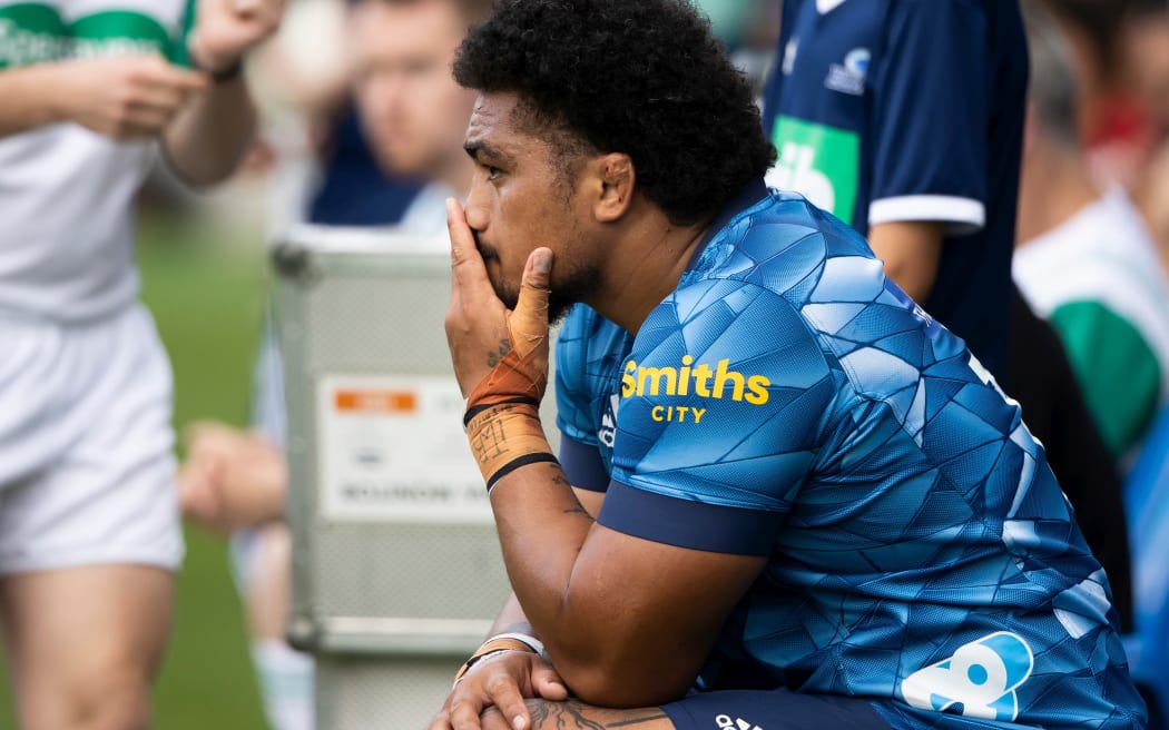 Blues prop Ofa Tuungafasi cools his heels after being yellow carded during the Super Rugby Aotearoa rugby match between the Blues and the Crusaders.