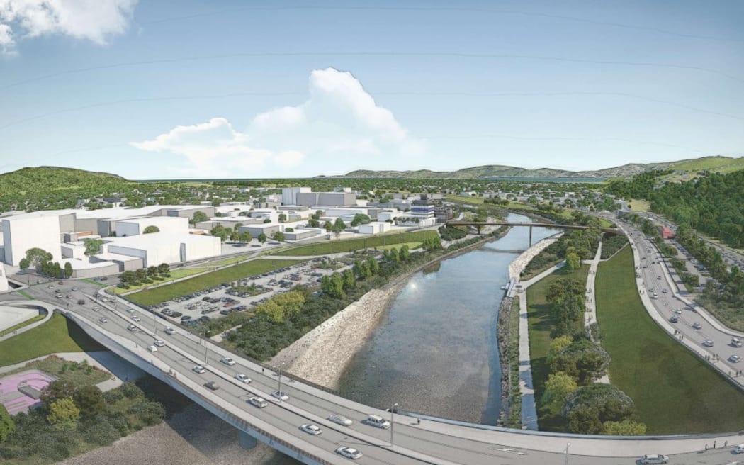 An artist's impression of what the RiverLink project could look like, the plans include a new SH2 interchange and bridge across the Hutt River.