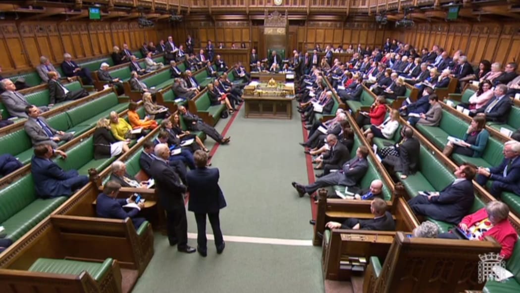 A video grab from footage broadcast by the UK Parliament's Parliamentary Recording Unit (PRU) shows MPs listening to speakers during a business motion for a second round of indicative votes in the House of Commons in London on April 1, 2019.