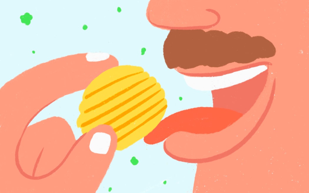 Stylised illustration of person eating chips