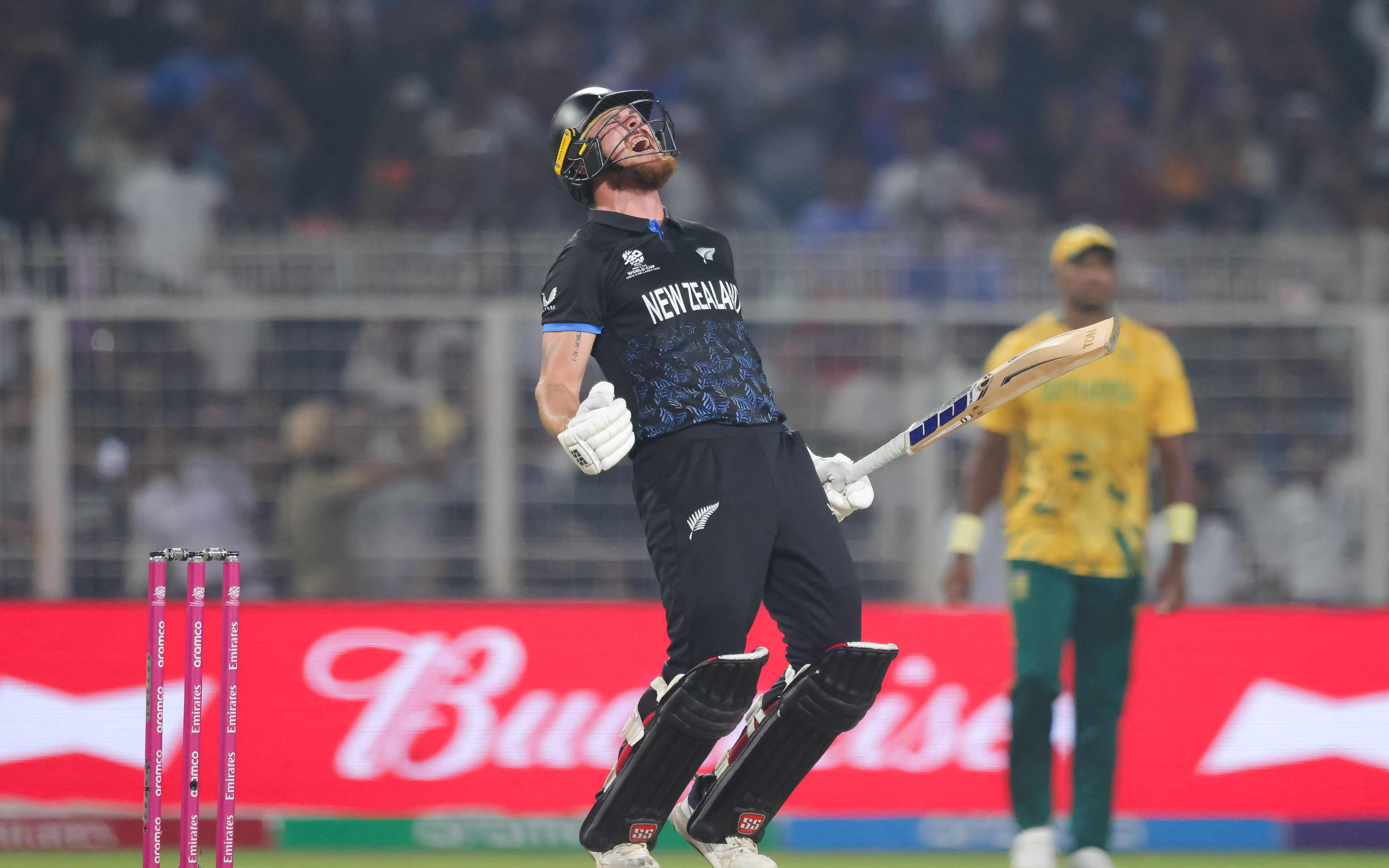 Finn Allen reaches a century against South Africa during the semi-final of the 2026 T20 World Cup.