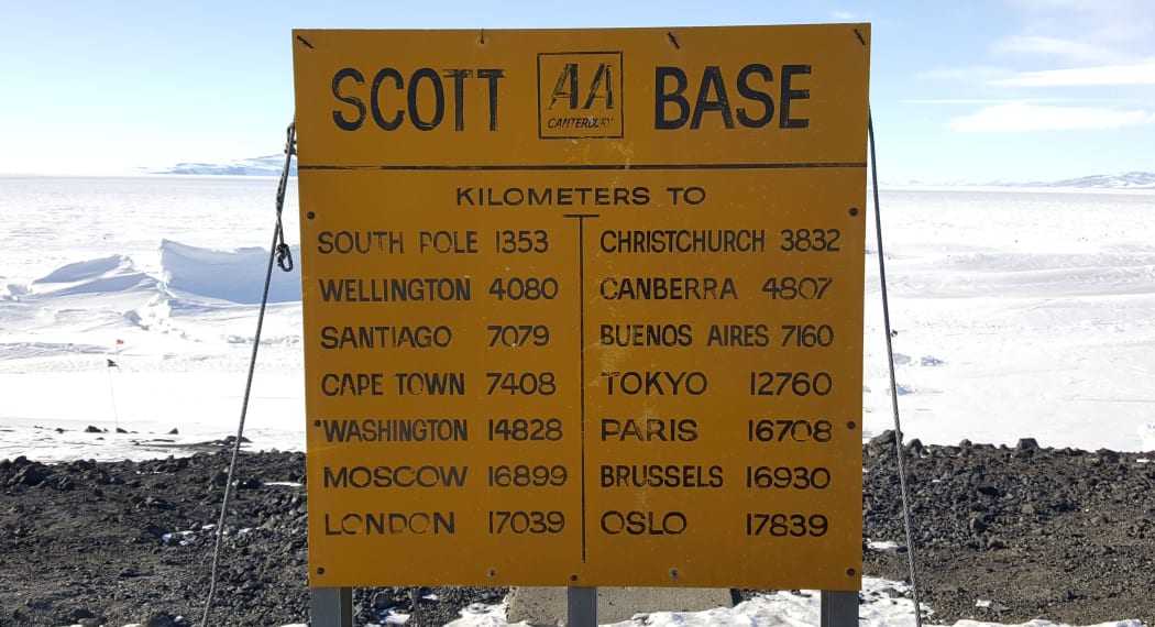 A much-photographed AA sign in front of Scott Base indicating distance to other locations.