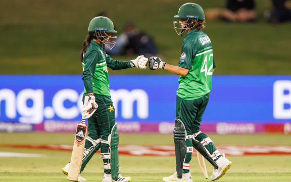 Sidra Nawaz (L) and Diana Baig of Pakistan during ICC Women's Cricket World Cup match.
