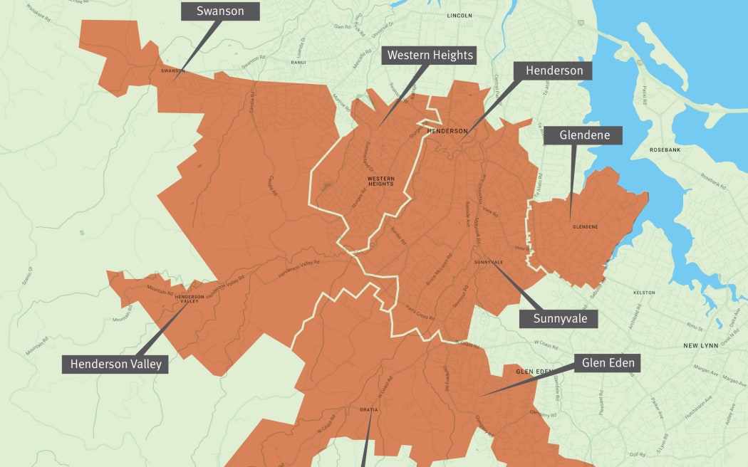 Suburbs affected include Henderson, Henderson Valley, Glen Eden, Oratia, Kauriland and McLaren Park.