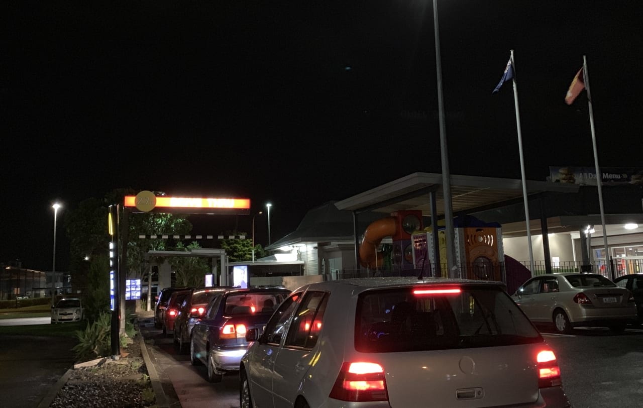 Cars lining up at an Auckland takeaway on Tuesday 28 April as New Zealand returns to level 3 restrictions.