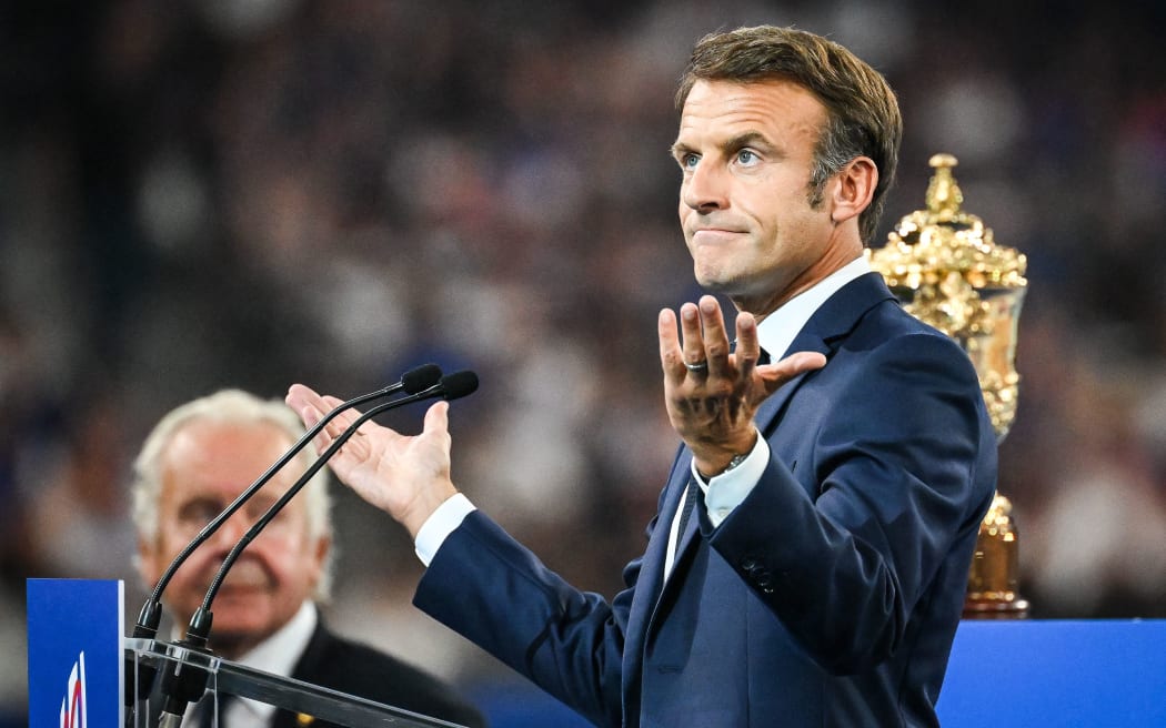 French President Emmanuel MACRON during the World Cup 2023, Pool A rugby union match between France and New Zealand on September 8, 2023 at Stade de France in Saint-Denis near Paris, France - Photo Matthieu Mirville / DPPI (Photo by Matthieu Mirville / Matthieu Mirville / DPPI via AFP)
