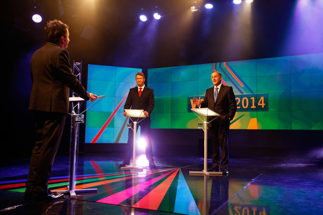 David Cunliffe, left, and John Key, with moderator Mike Hosking.