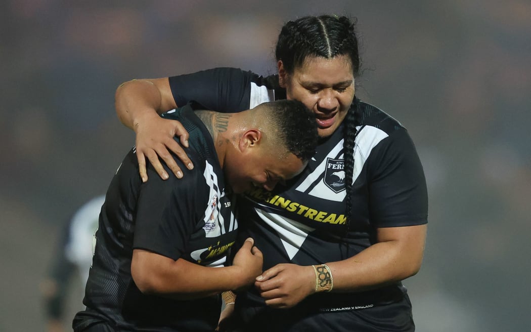 New Zealand Black Ferns Mele Hufanga and Amber Hall at the women's Rugby League World Cup.