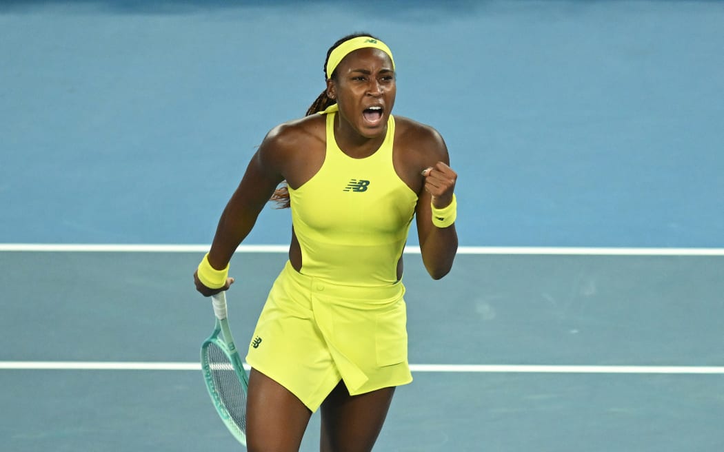 Coco Gauff of USA celebrates before winning her round 2 match against Jodie Burrage of Great Britain during the 2025 Australian Open at Melbourne Park in Melbourne, Wednesday, January 15, 2025. (AAP Image/Lukas Coch) NO ARCHIVING, EDITORIAL USE ONLY
