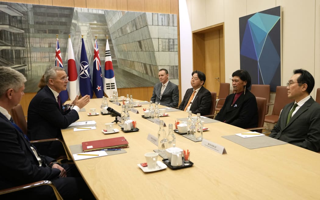 NATO Secretary General Jens Stoltenberg (second from left) speaks with Australia’s deputy head of mission David Dutton (fourth from right), Japan’s Foreign Minister Yoshimasa Hayashi (third from right), New Zealand’s Foreign Minister Nanaia Mahuta (second from right) and South Korea’s Special Representative Lee Do-hoon (right) after the Ministers of Foreign Affairs meeting at the NATO headquarters in Brussels on 5 April, 2023.