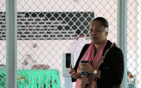 Gloria Julia King outside the Vanuatu Parliament Complex in Port Vila. 22 August 2023