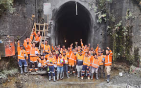 The Tawhai Tunnel crew celebrates the end of the tunnel repair project.