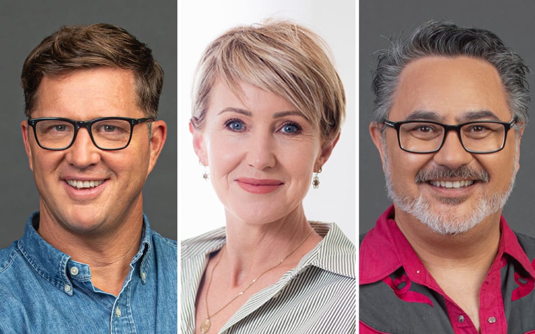 Morning Report co-hosts Corin Dann and Ingrid Hipkiss along with sports commentator and sports newsreader Nathan Rarere, who presents First Up.
