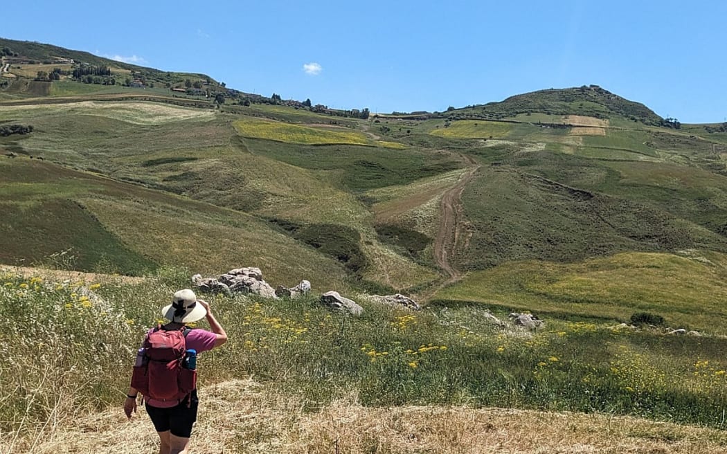Walking the Magna Via Francigena Trail. The image shows the back on a middle aged lady as she hikes through green italian countryside.