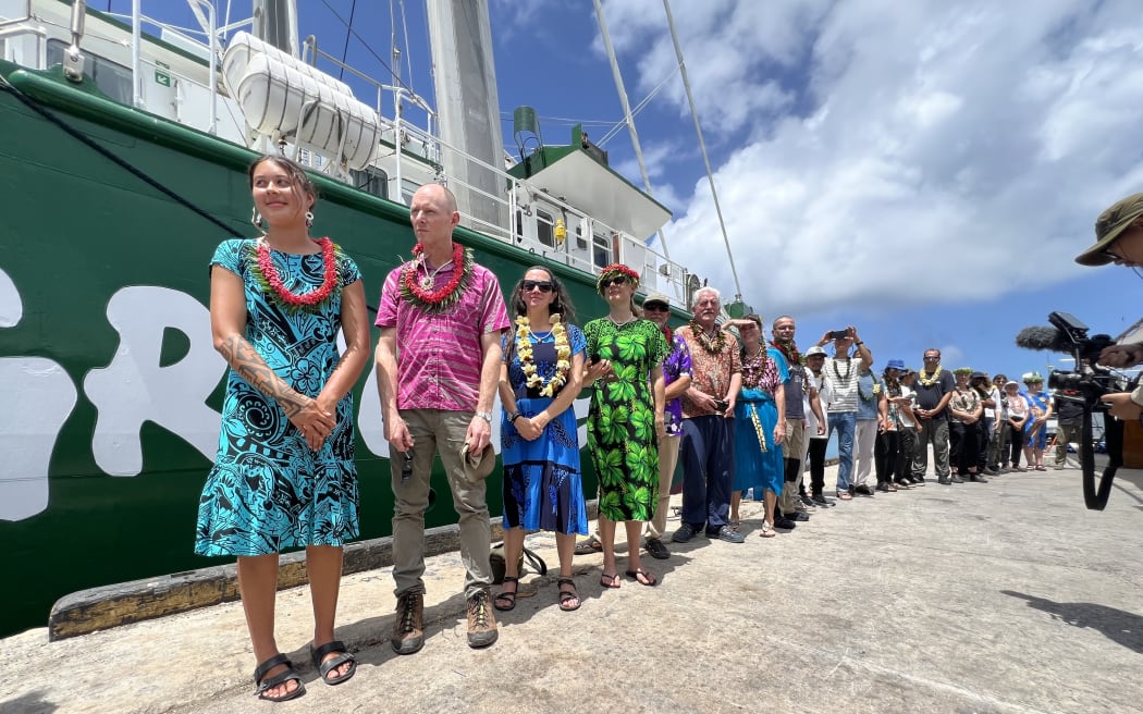 Crew of the Rainbow Warrior and other Greenpeace officials were welcomed to the Marshall Islands during a dockside ceremony in Majuro to mark the 40th anniversary of the evacuation of Rongelap Atoll. Photo: Giff Johnson.