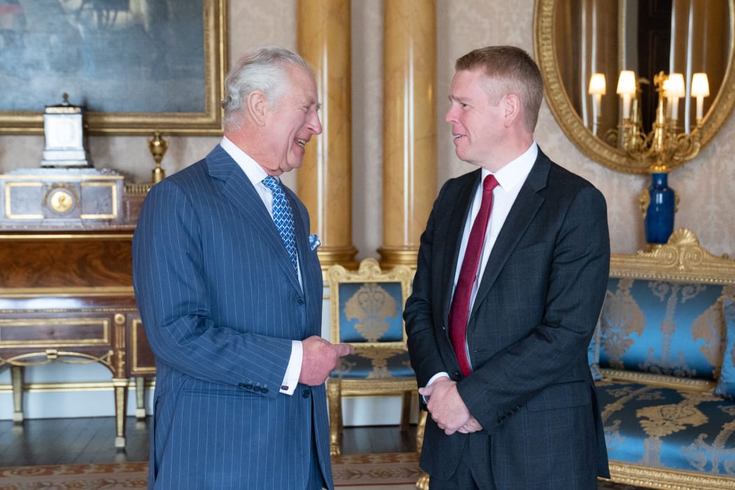 King Charles III receives Prime Minister Chris Hipkins during an audience at Buckingham Palace, London, 3 May 2023.
