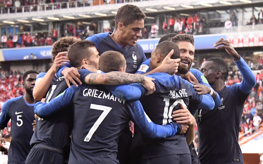 France celebrate a goal at the World Cup.
