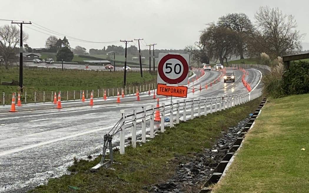 The scene of Tuesday’s fatal crash on State Highway 3, north of Te Awamutu. Three lanes have been reduced to two and traffic is slowed to 50km/h. Photo / Natalie Akoorie