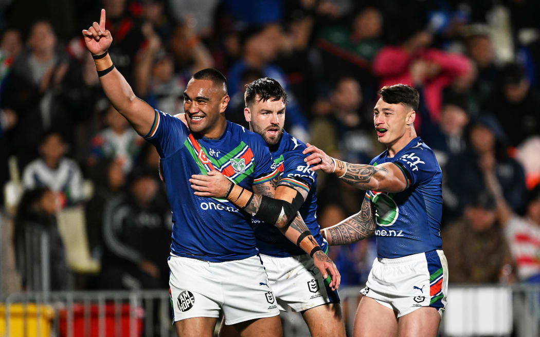 Warriors players Marata Niukore celebrates his try during the New Zealand Warriors v Canberra Raiders, Round 21 rugby league match of the 2023 NRL Premiership season at Go Media Mt Smart Stadium, Auckland, New Zealand. Friday 21 July 2023. © Photo credit: Andrew Cornaga / www.photosport.nz