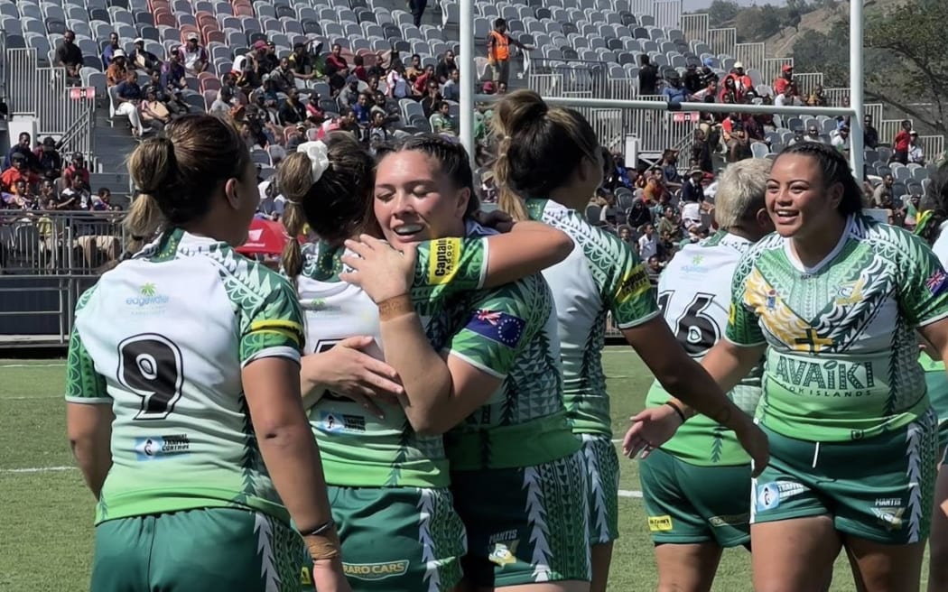 Cook Islands Moana players celebrate their 34-6 win over PNG on Saturday 18 October, 2025, in Port Moresby.
