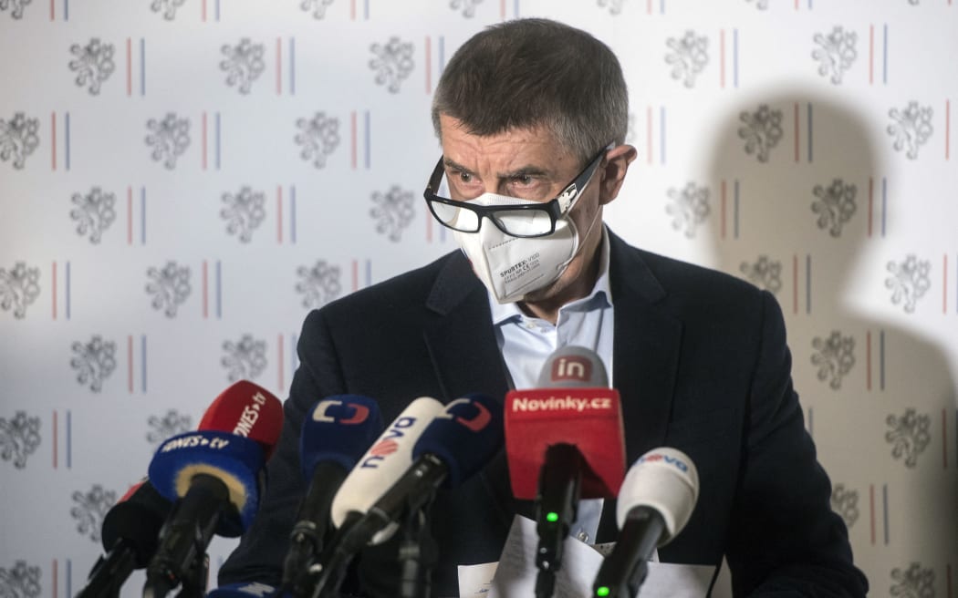 Czech Prime Minister Andrej Babis addresses a press conference on April 17, 2021 in Prague where it was announced that the Czech Republic will expel 18 Russian diplomats who were involved in the case of a blast in  an munitions depot in Vrbetice in December 2014.