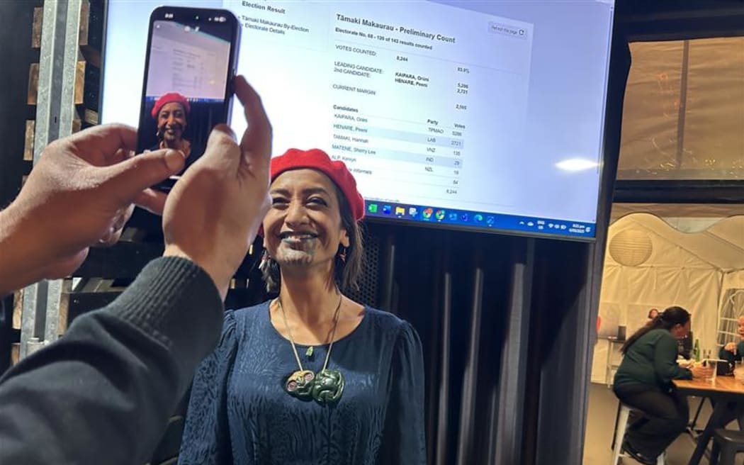Cheers and applause greeted Oriini Kaipara as she arrived at the election night function in Te Atatu Peninsula.