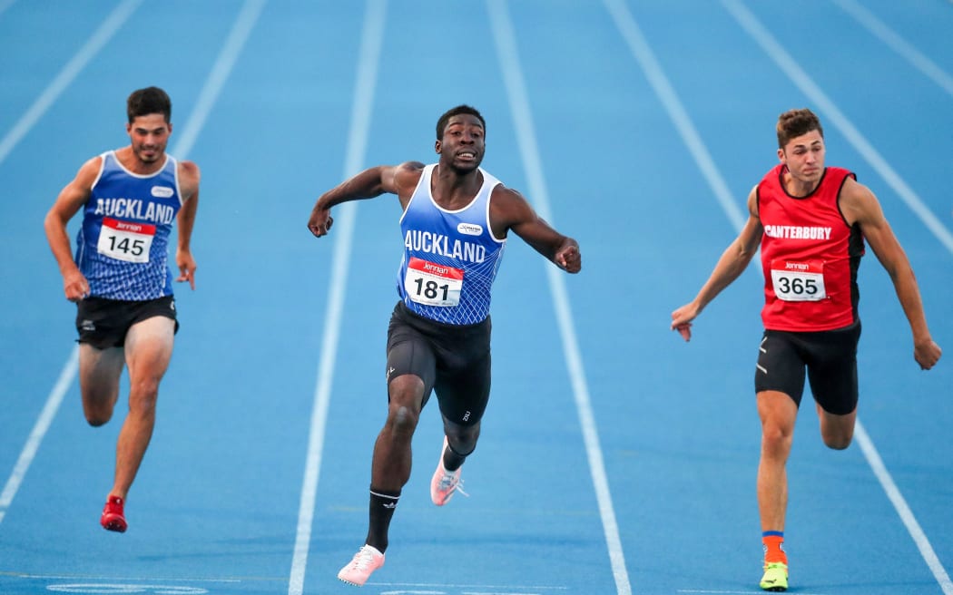 Edward Osei-Nketia wins the Men's 100m Final. 2020.