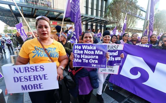 Nurses take to the street at Britomart in Auckland.