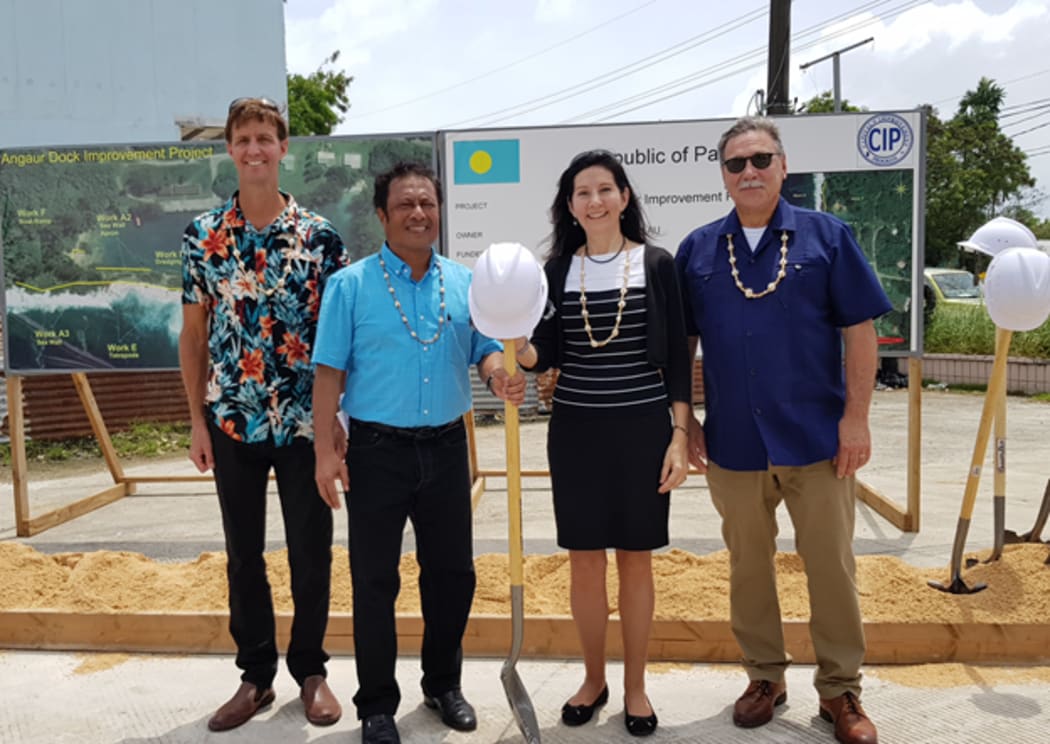 Deputy NOAA Administrator Rear Admiral Tim Gallaudet, Palau President Tommy Remengesau Jr, U.S. Ambassador to Palau Amy Hyatt, Assistant Secretary, Insular and International Affairs, Doug Domenech (L-R)