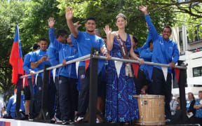 The Samoan sevens team during the Wellington parade.