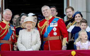 Queen Elizabeth II,  Prince Charles 
Prince Harry and Meghan, Duchess of Sussex 
Prince Andrew, Duke of York
at the balcony of Buckingham Palace in London, on June 08, 2019, after attending Trooping the Colour at the Horse Guards Parade, the Queens birthday parade
|