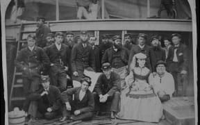 Maud Berridge on the deck of the Walmer Castle in 1869 with the crew.
