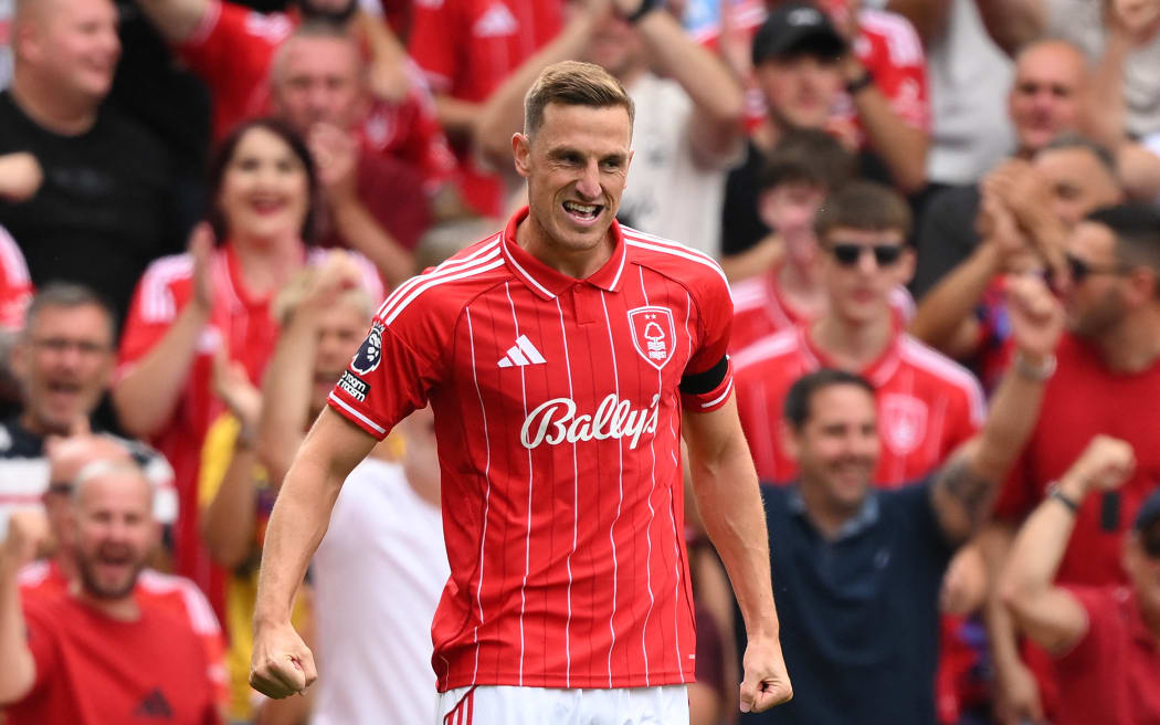Chris Wood of Nottingham Forest celebrates after scoring a goal.