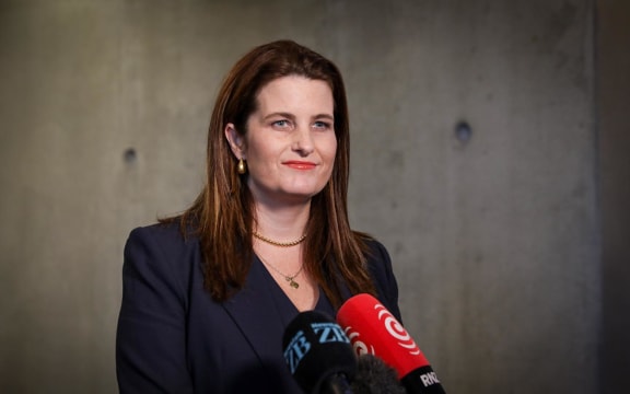 Nicola Willis holds a media stand up following a speech to Canterbury Business.