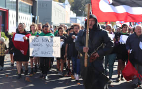 Protestors march in the streets of Napier this morning