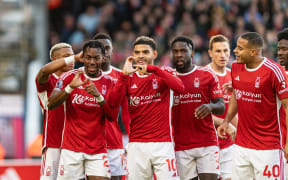 Nottingham Forest players celebrate a goal.